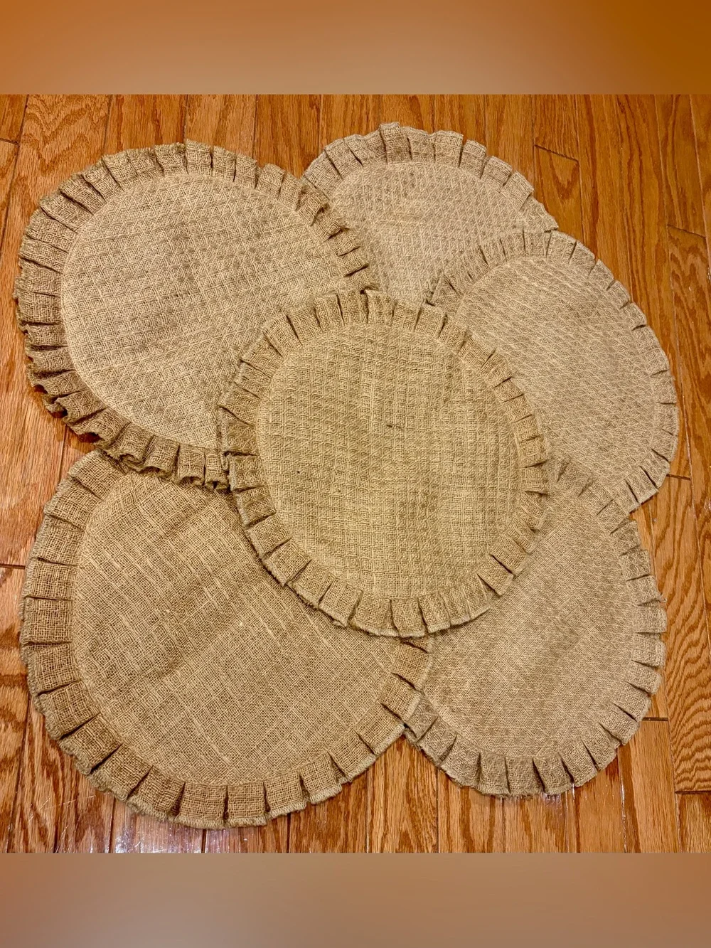 New Set of 6 Round Burlap Ruffle Placemats | Farmhouse Rustic Table Decor